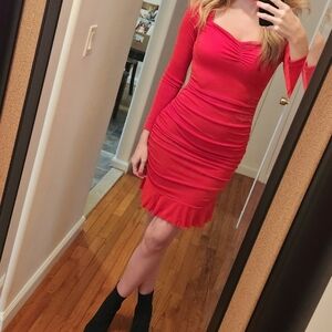 Shein Elegant Red ruched Long Sleeve Dress with ruffle size small 4 new